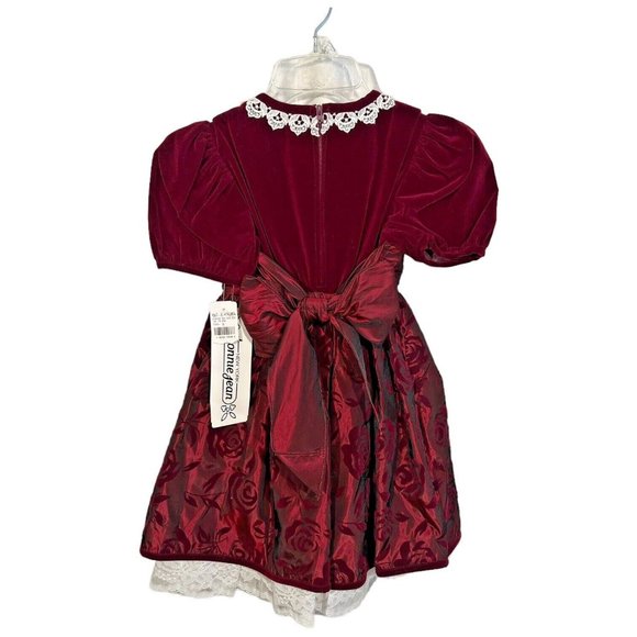 New Bonnie Jean Girls Velvet Dress Burgundy Taffeta Size 5 Lace Bow Holiday VTG - Picture 5 of 10